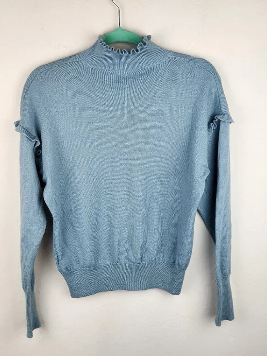 Rebecca Taylor 100% Merino Wool Ruffle Trim Mockneck Sweater Blue sz S *read* - Picture 2 of 11